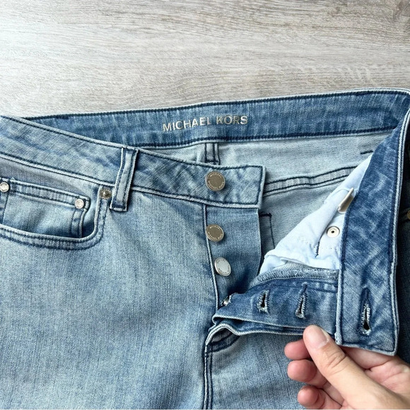 Michael Kors Light Wash Button Down Bootcut fringe Hem Cropped Jeans - Picture 3 of 10